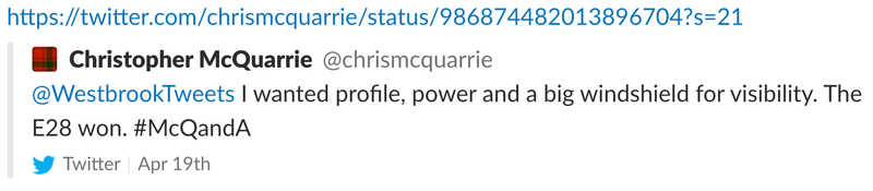 (McQuarrie deleted this tweet for some reason, so here it is from my Slack archives.)